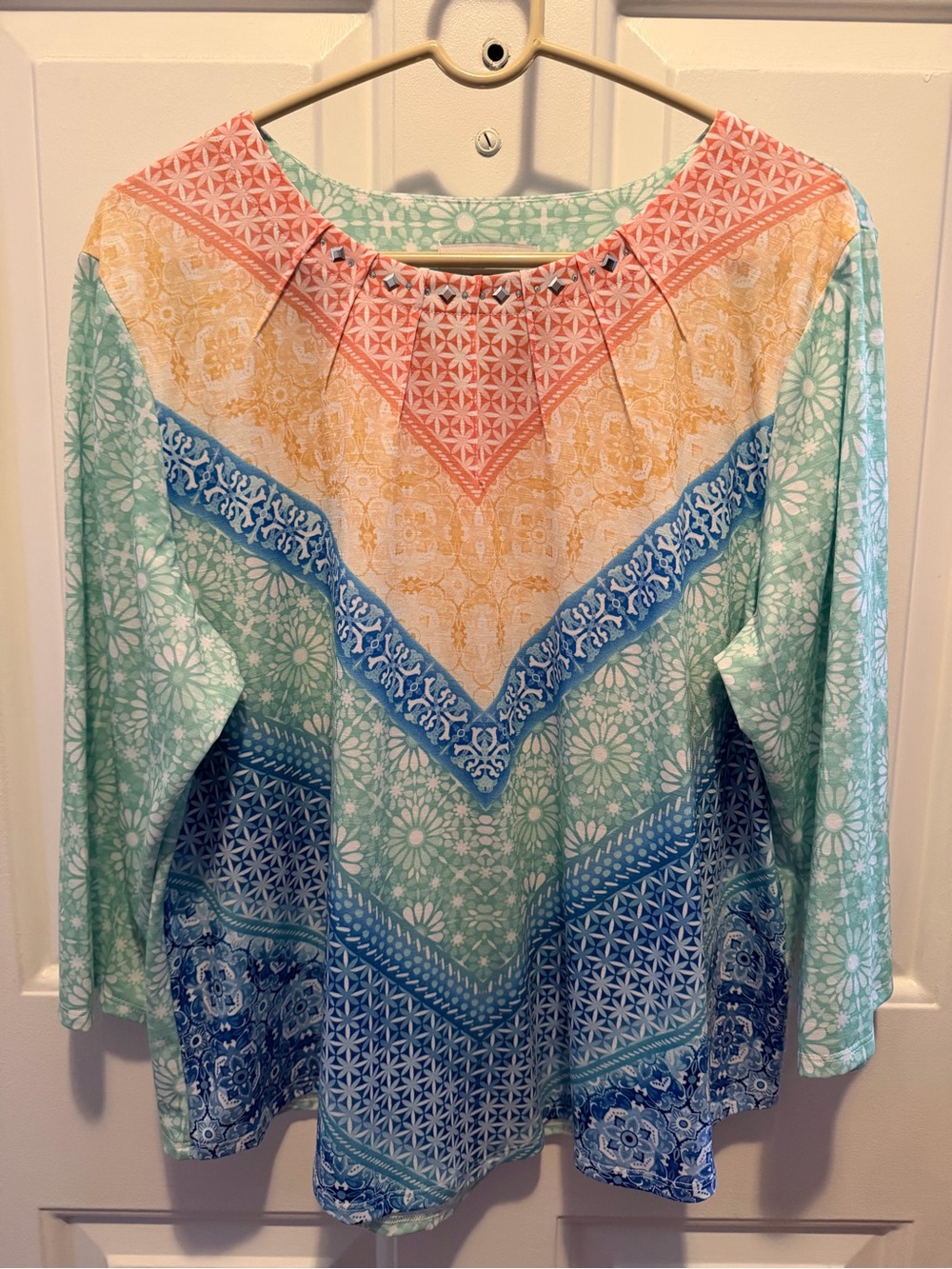 Alfred Dunner Mint, Blue & Coral Patterned Long-Sleeve Top